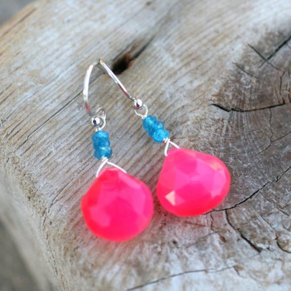 Hot Pink Chalcedony, Teal Blue Apatite Earrings - Picture 4 of 5
